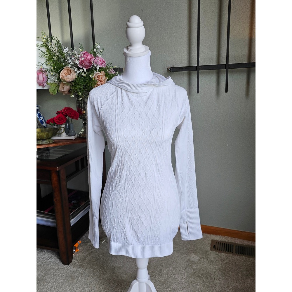 Lululemon Rest Less Hoodie Women 6 White Diamond Cable Knit Thumbholes Active